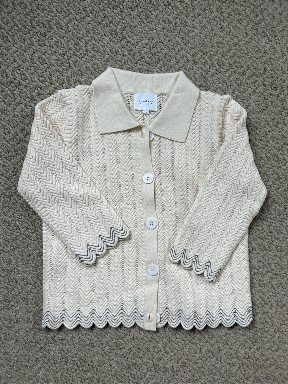 sundays Cream Zigzag Knit Collar Button Cardigan with Contrast Trim